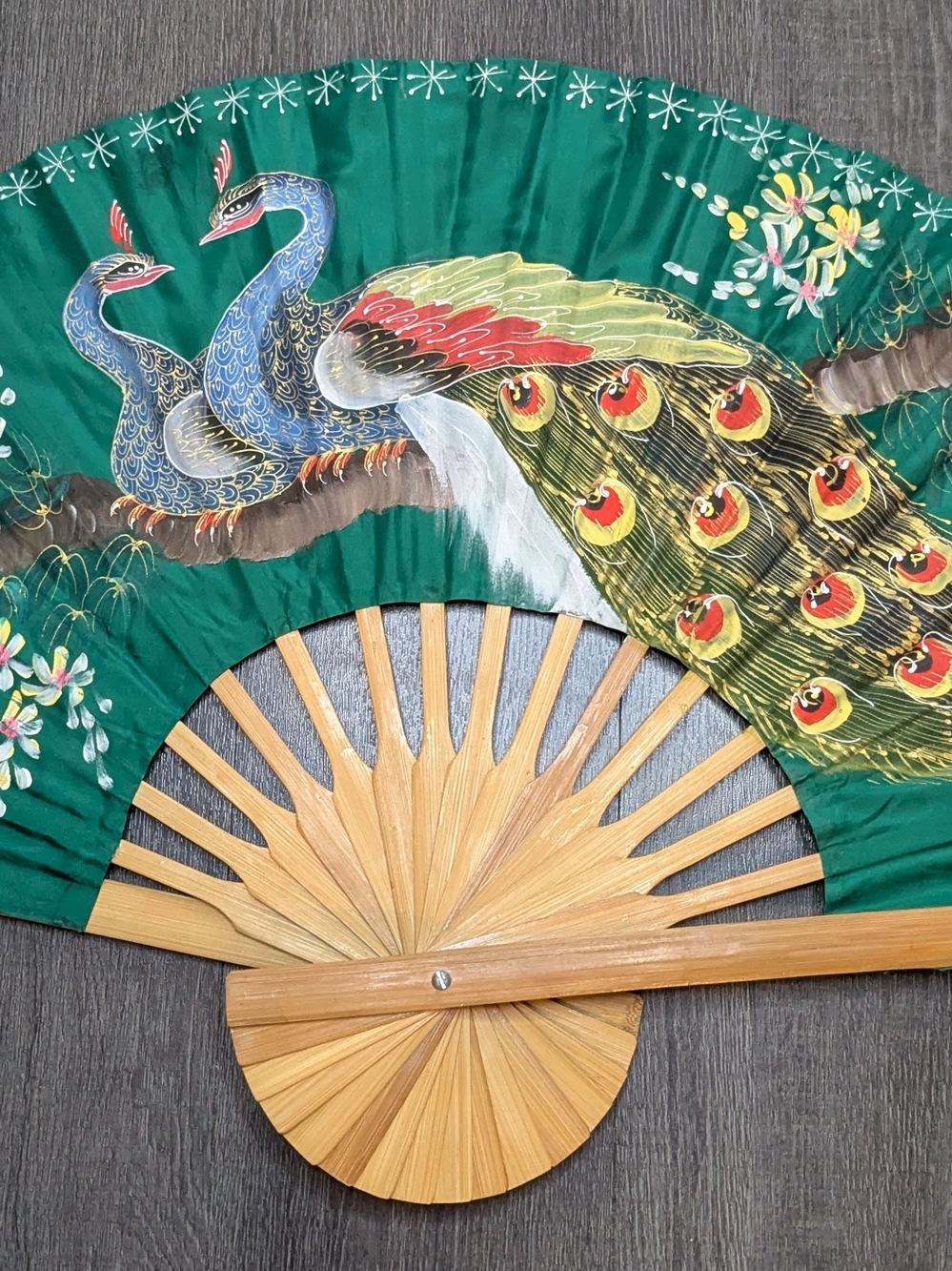 Vintage Decorative Peacock Wall Fan Handpainted Asian Floral Large 30"